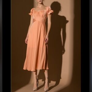 Lena Peach Midi Dress with Puff Sleeves